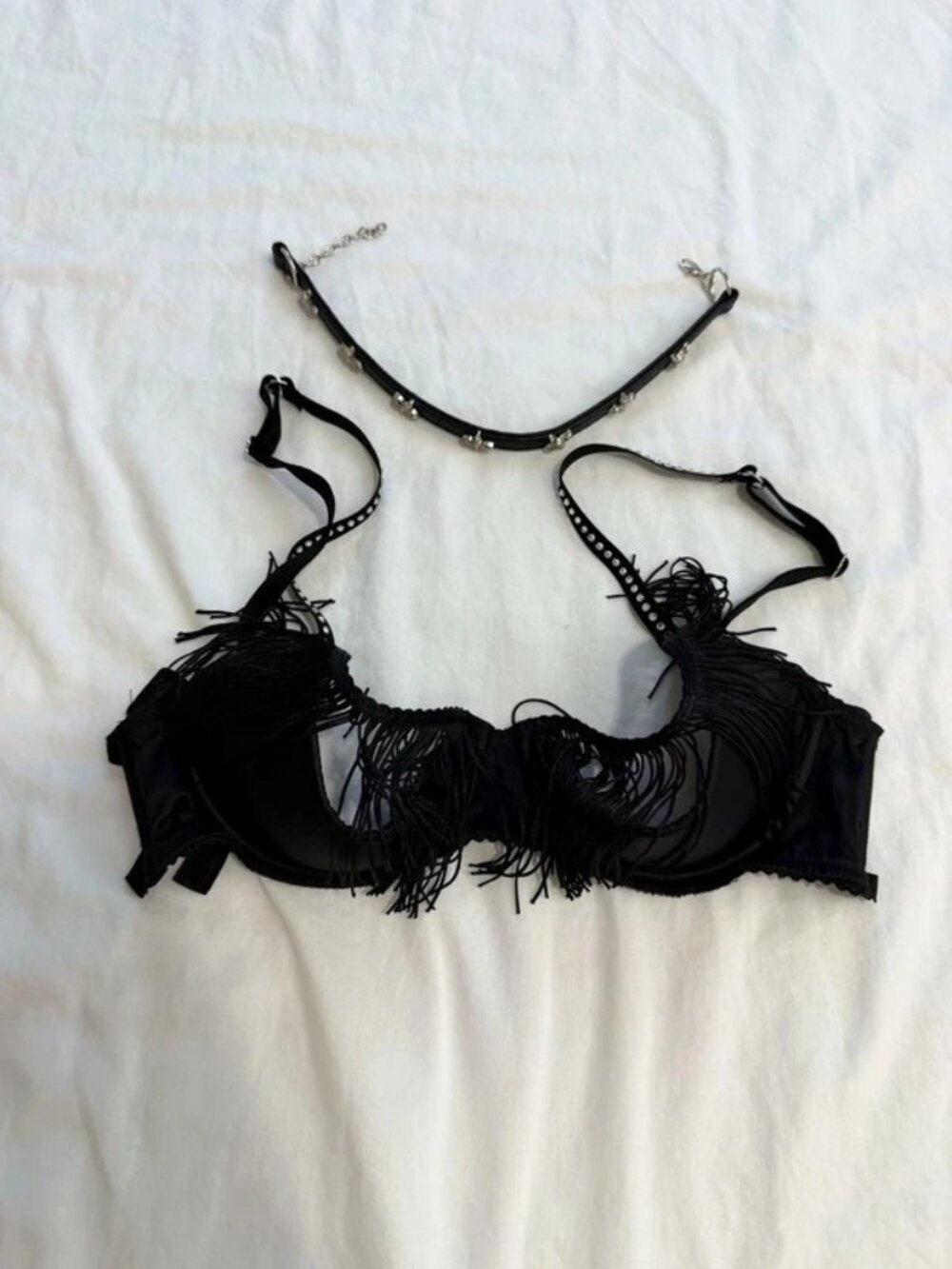 Victoria's Secret Black Fringe Push Up Bra Rhinestone Strap S